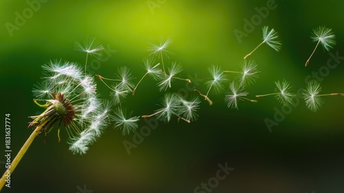 trusteeship. Dandelion seeds drifting in gentle breeze against soft green background. gardening catalogs, home-decor guides, designed for home decor and floral branding, promotes healthy living.