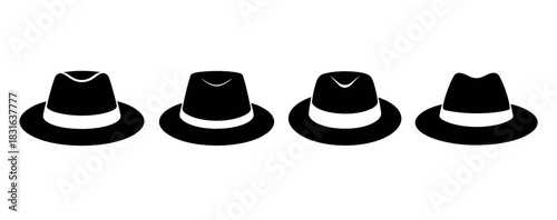 Four black fedora hats are lined up in a row against a white background.
