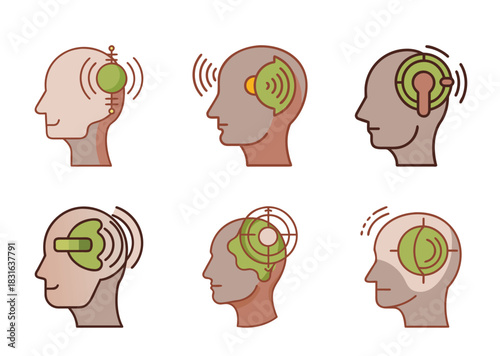 Brain Tech Illustration: A set of illustrated concept showing how technologies can enhance human mind and brain