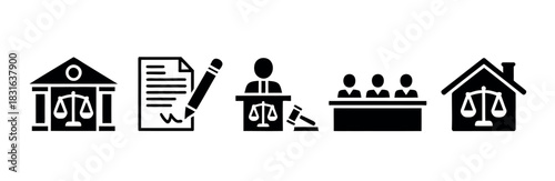 Icons representing legal concepts, justice, and court proceedings are displayed.