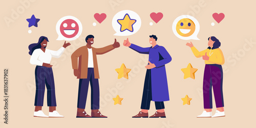 Diverse group giving positive feedback and showing appreciation with emoticons