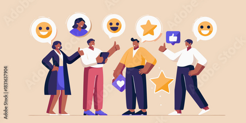 Diverse group giving thumbs up with positive feedback icons
