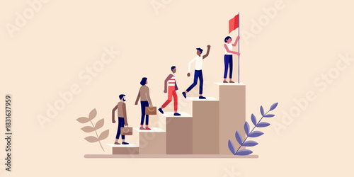 Diverse team climbing stairs to success with flag on top