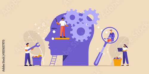 Mental health and problem solving concept with gears and people working
