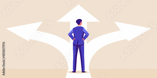 Businessman facing three direction arrows choosing a path forward for success
