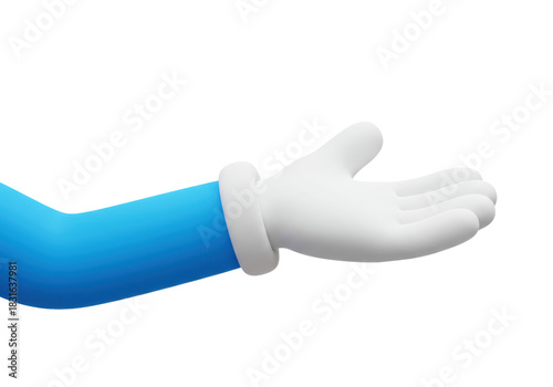 highly saturated electric blue stylized 3d arm with an oversized white cartoon glove in a welcoming open presentation gesture, isolated on transparent. concept for digital service and availability