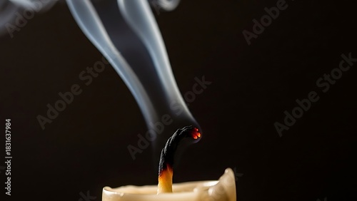 Eerie smoke delicately rises from a freshly extinguished candle against a stark black backdrop