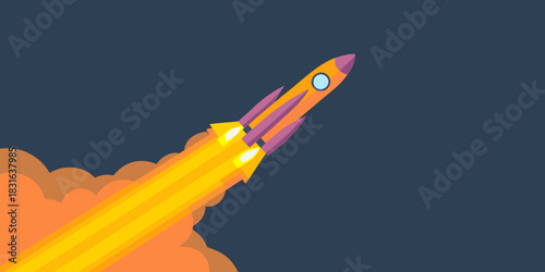 Cartoon rocket launching into space with fire and smoke trail illustration