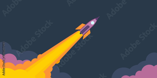 Cartoon rocket launching into space with clouds and dark background