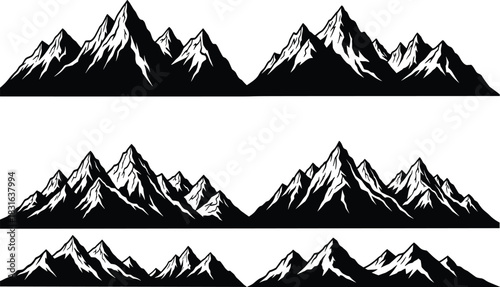 Black and white stylized mountain ranges with sharp peaks and snowy slopes mountains summit