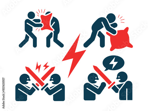 Iconic depictions of conflict and disagreement, illustrating different forms of struggle.