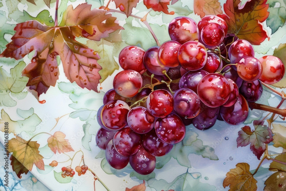 Naklejka premium Watercolor painting featuring a cluster of juicy red grapes adorned with water droplets, placed on a decorative plate with vine leaves