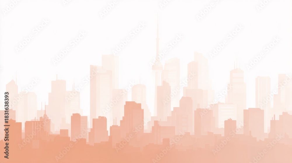 Naklejka premium Cityscape Silhouette: A minimalist skyline of towering buildings and structures. The subtle use of color creates a captivating silhouette effect against a dreamy background.