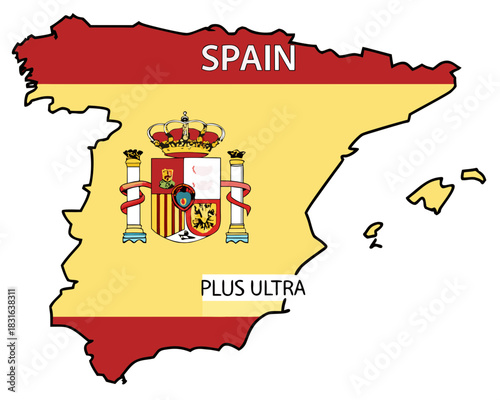 Stylized map of **Spain** filled with red-and-yellow flag bands, the national coat of arms centered, **SPAIN** in white at the top, and **PLUS ULTRA** on a banner; Balearic and Canary Islands included