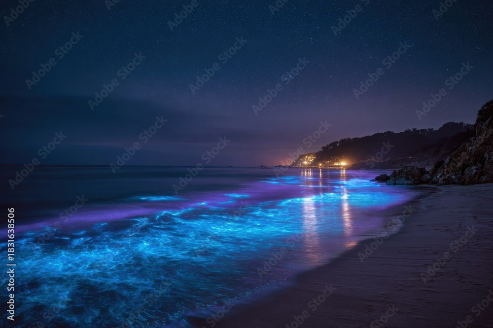 Fototapeta premium bright glowing shoreline at night with blue and violet luminescent plankton waves rolling gently along a tropical coast illuminated by city lights concept of marine beauty and tranquility