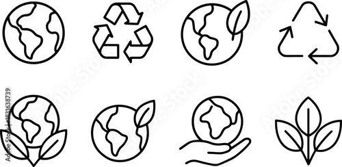 Eco icons set. Green earth, leaves, recycling, sustainability outline illustrations