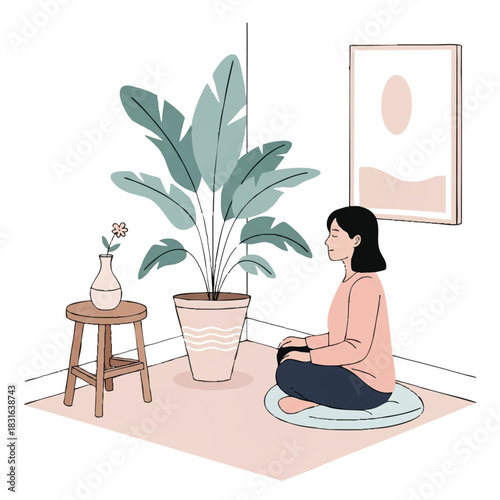 A woman sits cross-legged on a mat in a serene room with a plant, vase, and framed art, conveying a peaceful mood with soft pastel colors.