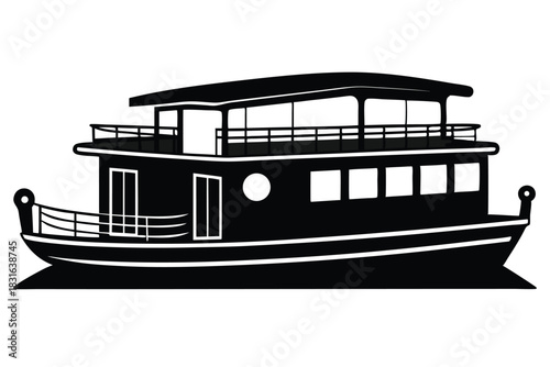 houseboat black and white silhouette on white background
