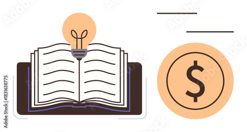 Open book with glowing lightbulb above symbolizes knowledge and ideas. Coin with dollar sign on right highlights financial gain. Ideal for education, learning, innovation, success, investment