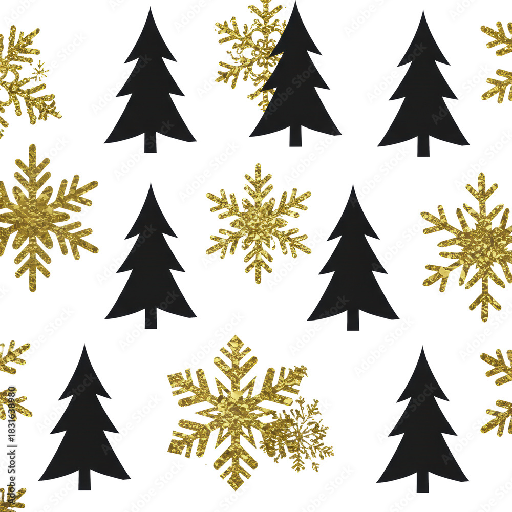 Obraz premium Seamless repeating geometric pattern of matte black fir trees and metallic gold foil snowflakes on a stark white background, creating a sophisticated luxury festive texture. Concept for high-end