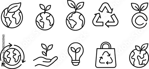 Eco icons set. Green earth, leaves, recycling, sustainability outline illustrations