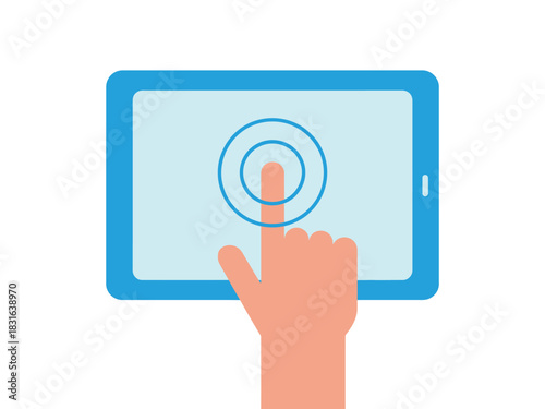 A human hand touches a tablet screen, initiating a digital interaction.