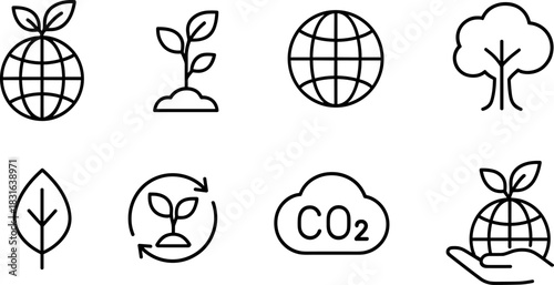 Eco icons set. Green earth, leaves, recycling, sustainability outline illustrations