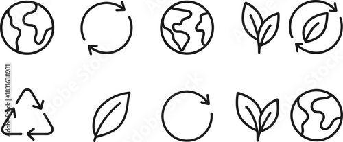 Eco icons set. Green earth, leaves, recycling, sustainability outline illustrations