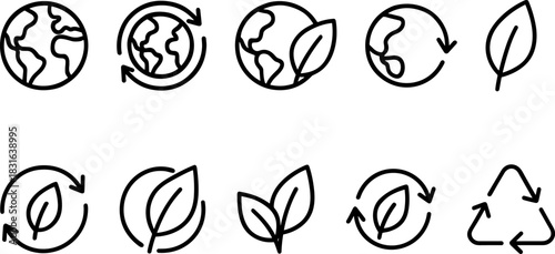 Eco icons set. Green earth, leaves, recycling, sustainability outline illustrations