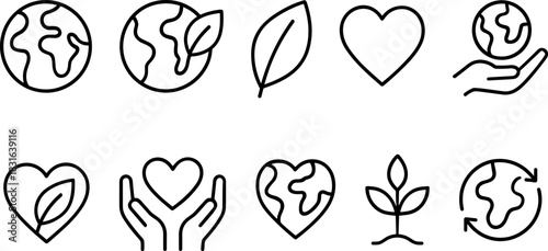 Eco icons set. Green earth, leaves, recycling, sustainability outline illustrations