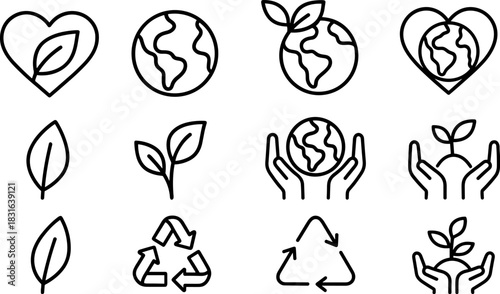 Eco icons set. Green earth, leaves, recycling, sustainability outline illustrations
