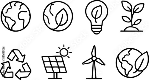 Eco icons set. Green earth, leaves, recycling, sustainability outline illustrations