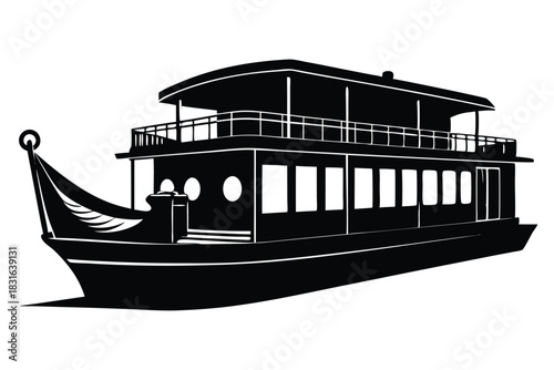houseboat black and white silhouette on white background