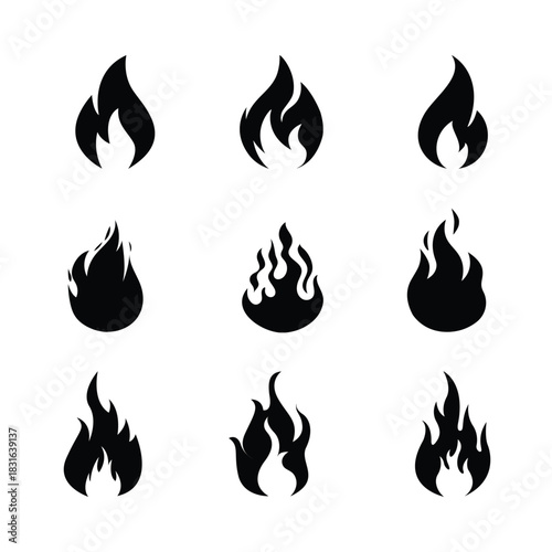 Collection of Black Flame Silhouettes and Fire Icons