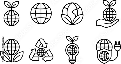 Eco icons set. Green earth, leaves, recycling, sustainability outline illustrations