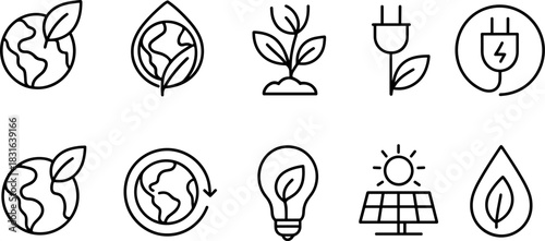 Eco icons set. Green earth, leaves, recycling, sustainability outline illustrations