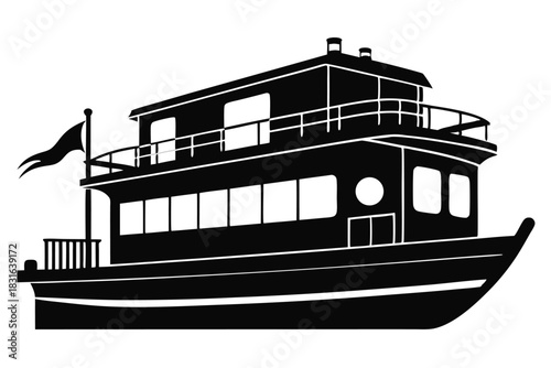 houseboat black and white silhouette on white background