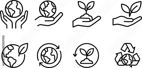 Eco icons set. Green earth, leaves, recycling, sustainability outline illustrations