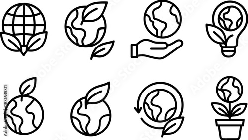 Eco icons set. Green earth, leaves, recycling, sustainability outline illustrations