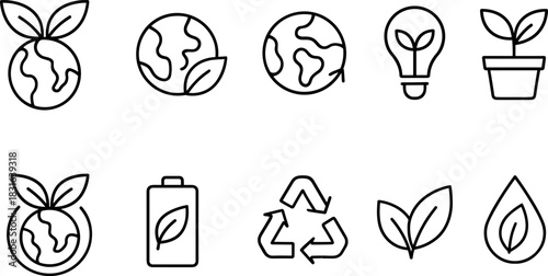 Eco icons set. Green earth, leaves, recycling, sustainability outline illustrations