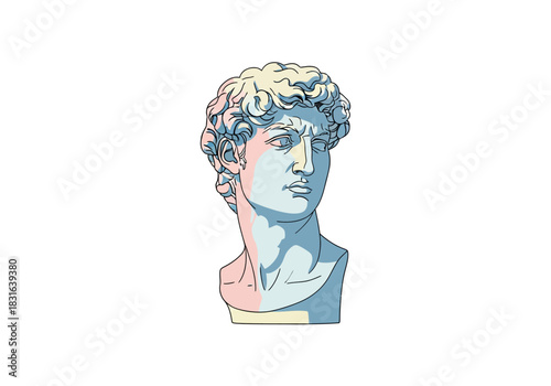 A stylish vector illustration of the head of a classical statue in a modern pop art style, blending ancient sculpture with contemporary graphic art