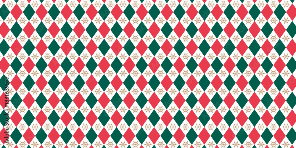 Fototapeta premium Christmas rhombus seamless pattern. Red and green xmas plaid texture with gold line. Argyle geometric diamond pattern. Christmas abstract wrapping bg. isolated on white background.