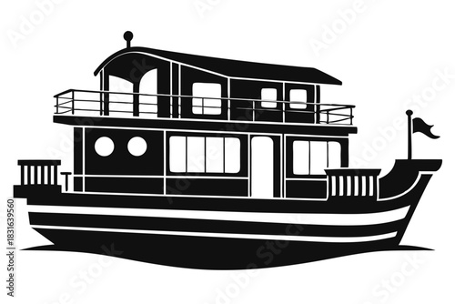 houseboat black and white silhouette on white background