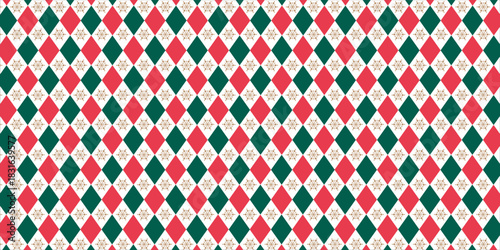 Christmas rhombus seamless pattern. Red and green xmas plaid texture with gold line. Argyle geometric diamond pattern. Christmas abstract wrapping bg. isolated on white background.