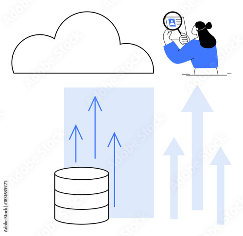 Cloud computing concept. Cloud computing with a cloud, database, and arrows growth. Cloud computing enabling data storage, analysis, and online processing. For IT, data analysis tech innovation