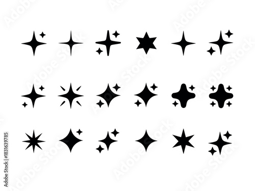 A collection of diverse starburst and sparkle graphic elements are displayed on a white background.
