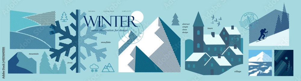 Fototapeta premium Abstract winter vector geometric set with mountains, nature snowflake, forest, european village, country and skier. Minimal clean design for seasonal poster, icons, background, branding, card. 