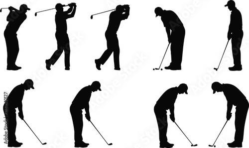 Silhouette Sequence of a Golfer Swinging a Club on White Background sport