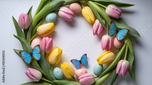 Easter egg wreath with tulips and butterflies