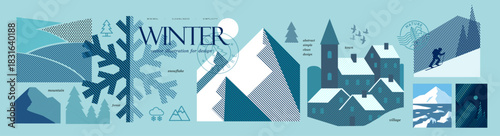 Abstract winter vector geometric set with mountains, nature snowflake, forest, european village, country and skier. Minimal clean design for seasonal poster, icons, background, branding, card.
